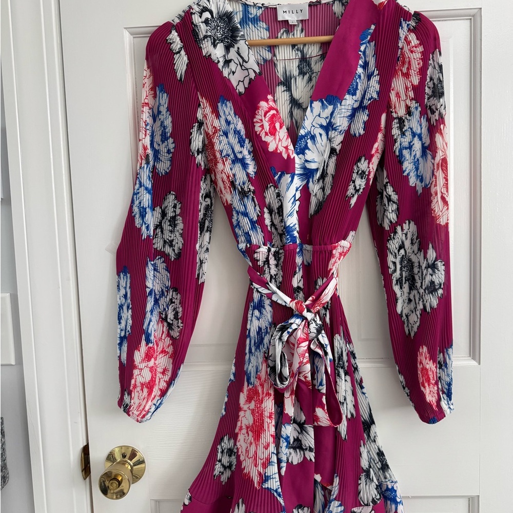 Milly Pink and Blue Floral Dress Liv Petals In Bloom Pleated Minidress - Picture 7 of 10